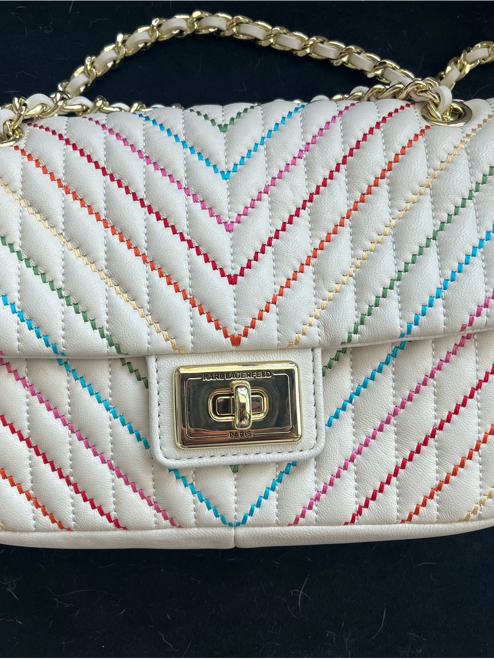 Karl Lagerfeld Quilted Cream Crossbody Bag with Rainbow Stitching